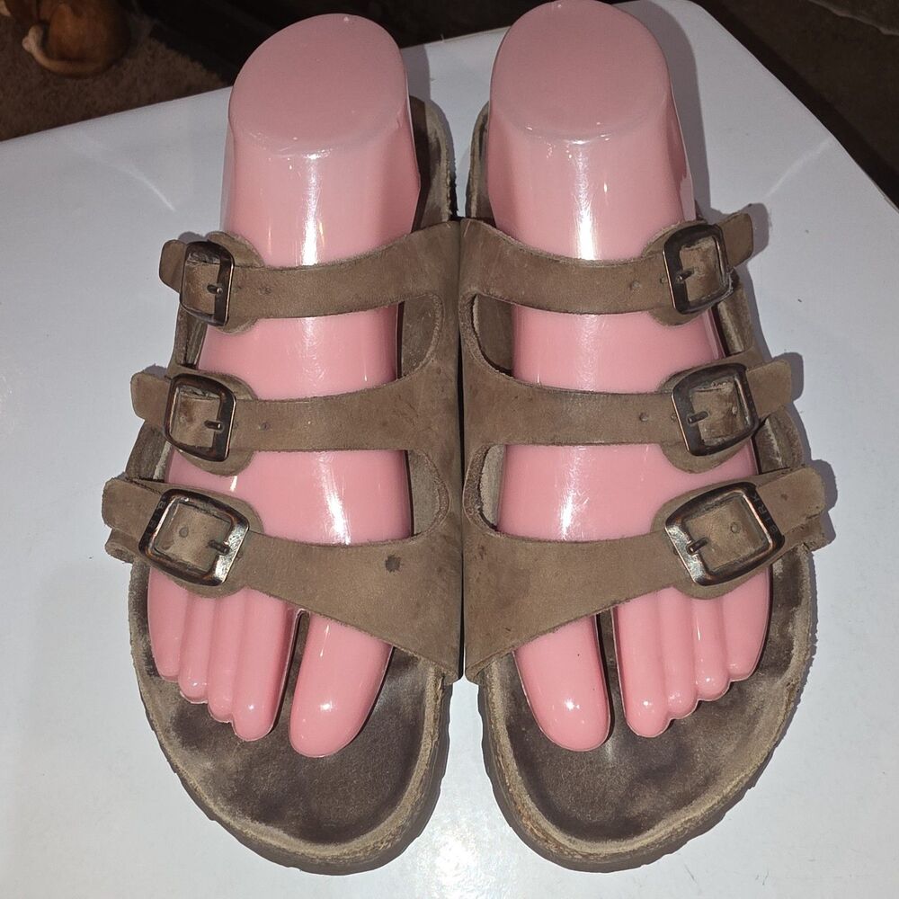 BIRKENSTOCK FLORIDA 9L 7M Brown Distressed Leather Triple Buckle Summer Sandals - Picture 4 of 12